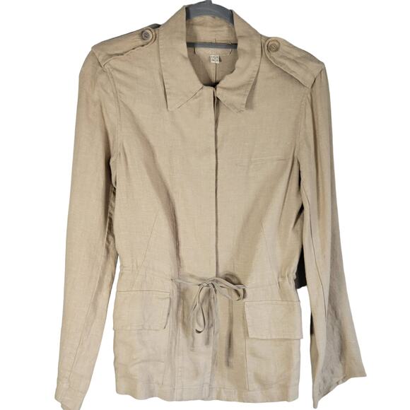 Khaki 100% Linen Drawstring Waist Jacket Blazer Hidden Buttons Size 10 - Picture 1 of 7